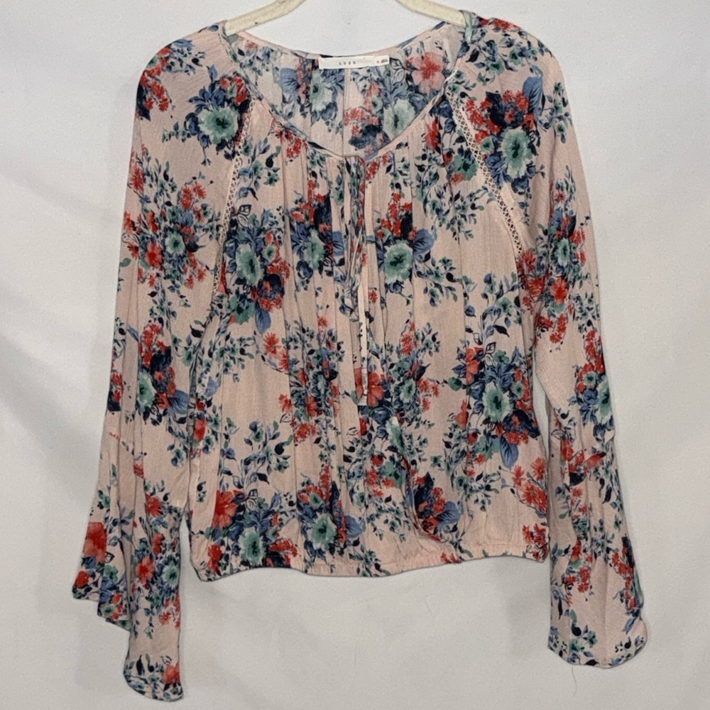 Lush Floral Tie-Neck Long Sleeve Boho Peasant Blouse Size M EUC